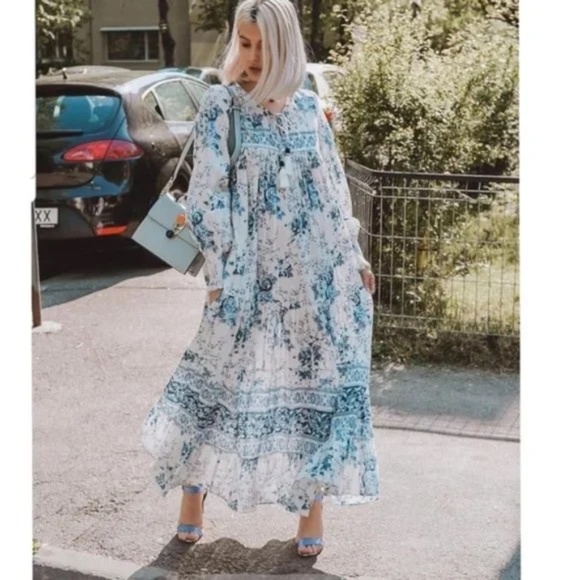 ZARA Boho Floral Print Ruffle Maxi Dress White & Blue Blogger Favorite XS - Picture 12 of 12